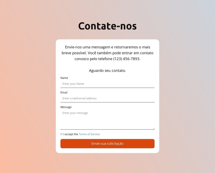 Formulário de contato no plano de fundo gradiente Maquete do site