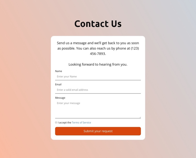 Contact form on gradient backround Website Builder Software