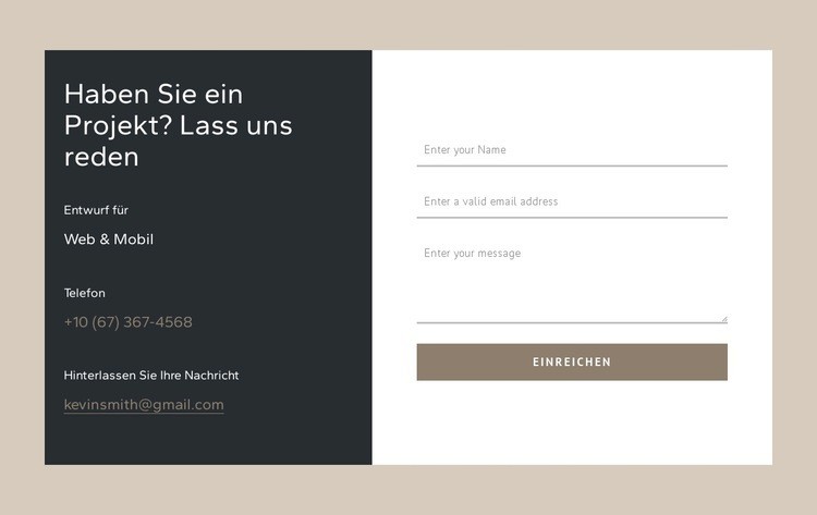 Kontaktformular in Rasterzelle Website design
