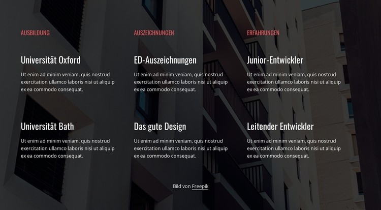 Ausbildung, Auszeichnungen und Erfahrung CSS-Vorlage