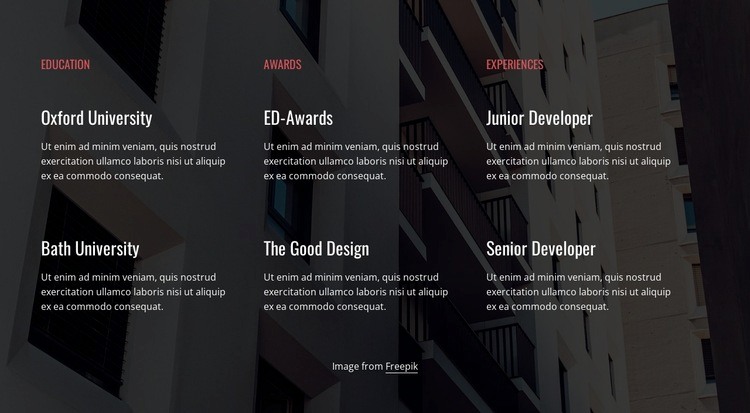 Education, awards and experience Elementor Template Alternative