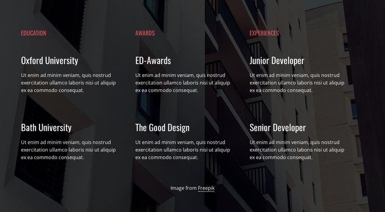 Education, awards and experience Homepage Design