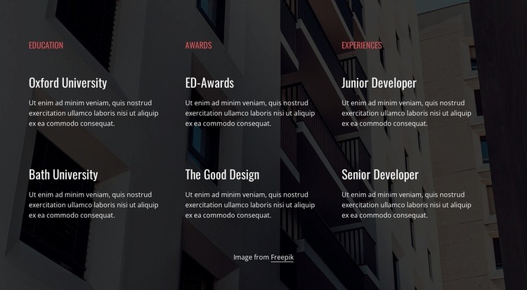 Education, awards and experience Html Code Example