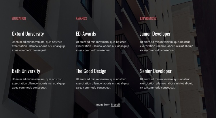 Education, awards and experience HTML Template