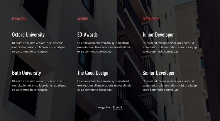 Education, awards and experience Joomla Page Builder