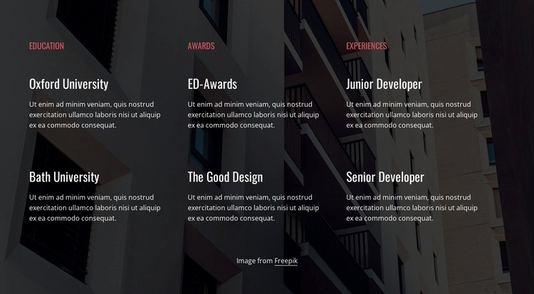 Education, awards and experience Squarespace Template Alternative