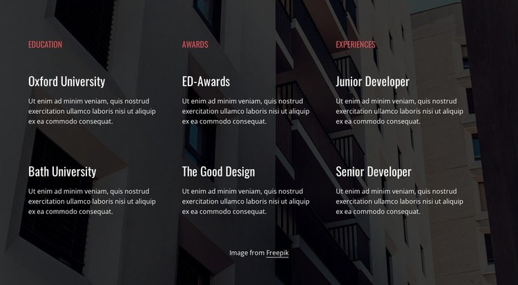 Education, awards and experience Website Builder Templates