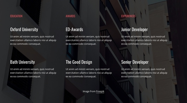 Education, awards and experience Website Design