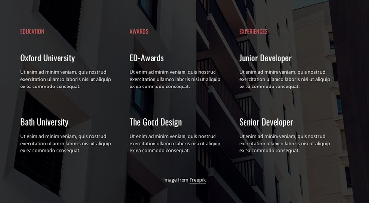 Education, awards and experience WordPress Website Builder