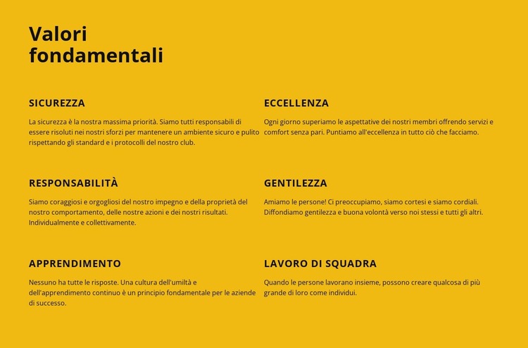 Valori fondamentali dell'azienda Modello Joomla