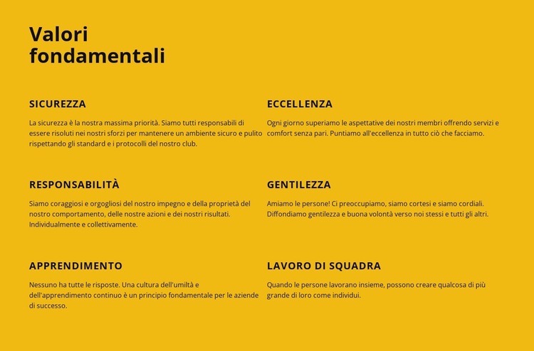 Valori fondamentali dell'azienda Modello di sito Web