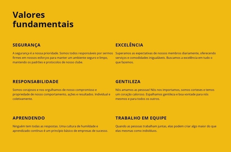 Valores fundamentais da empresa Design do site