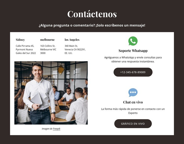 Contáctenos bloque con botón de soporte Diseño de páginas web