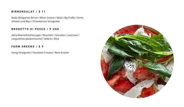 Salate auf der Speisekarte Website design