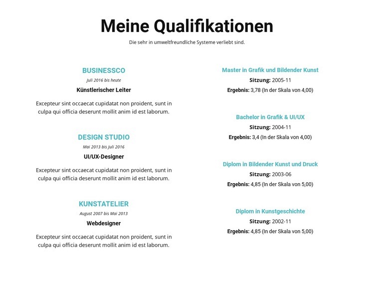 Zusammenfassung der Qualifikationen Website Builder-Vorlagen