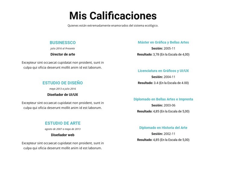 Resumen de calificaciones Plantillas de creación de sitios web