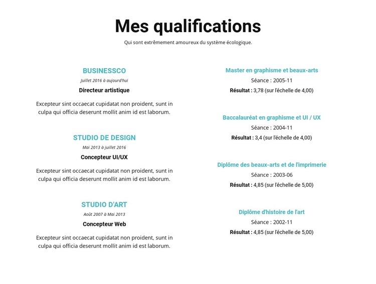 Résumé de qualifications Modèles de constructeur de sites Web