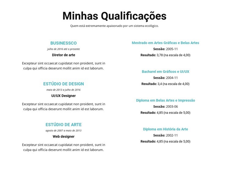 Sumário de qualificações Landing Page