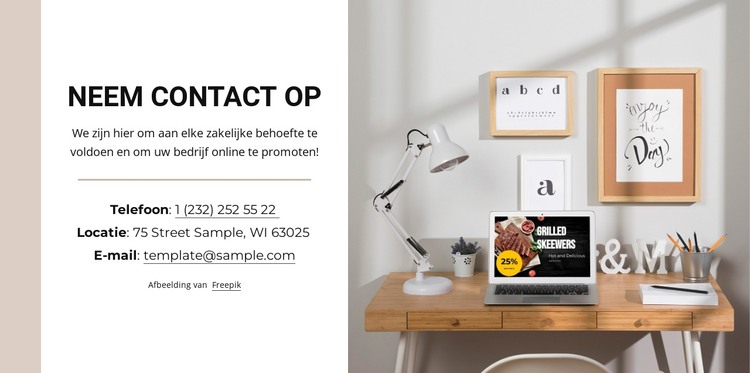 Neem contact met ons op blok met telefoon en locatie HTML-sjabloon