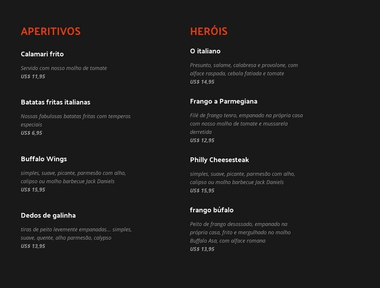 Descubra itens de menu clássicos e novos Construtor de sites HTML