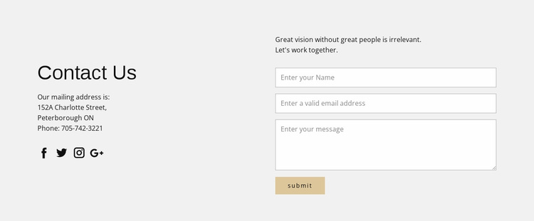 Contact information and contact form Landing Page