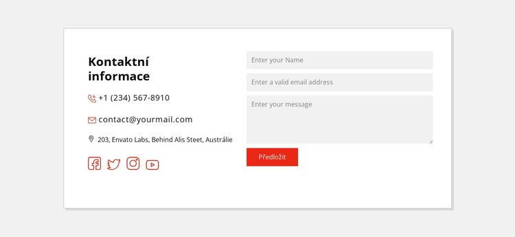 Kontaktní informace a sociální ikony Šablona HTML