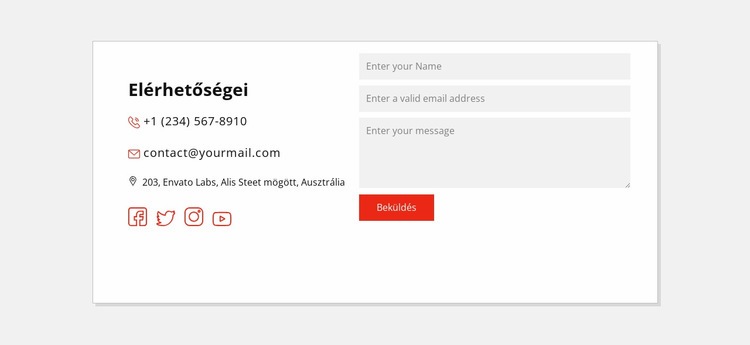 Kapcsolatfelvételi adatok és közösségi ikonok HTML Sablon