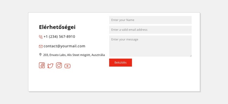 Kapcsolatfelvételi adatok és közösségi ikonok Weboldal sablon