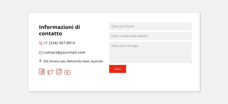 Informazioni di contatto e icone sociali Modelli di Website Builder