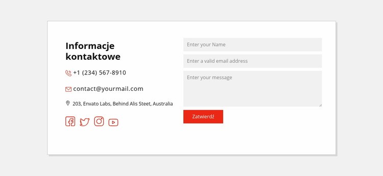 Informacje kontaktowe i ikony społecznościowe Makieta strony internetowej