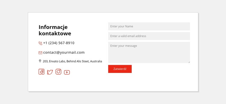 Informacje kontaktowe i ikony społecznościowe Szablon jednej strony