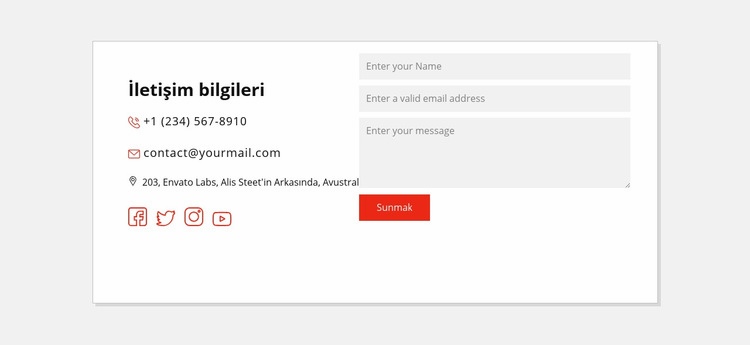 İletişim bilgileri ve sosyal simgeler HTML5 Şablonu