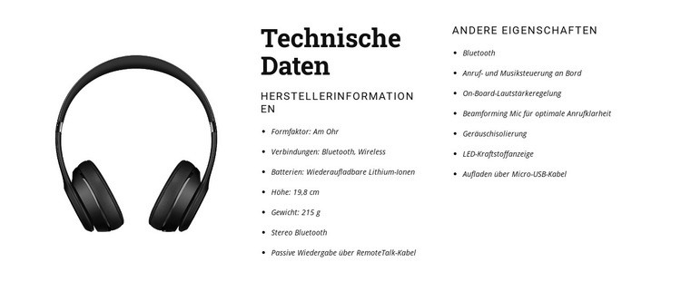 Technische Daten HTML5-Vorlage