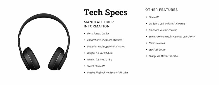 Tech specs Html Website Builder