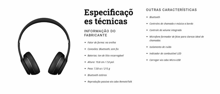 Especificações técnicas Modelo HTML5