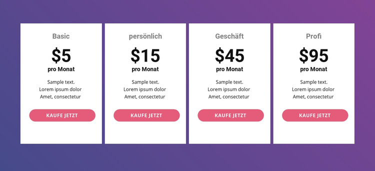 Preistabelle mit leuchtenden Farben HTML-Vorlage