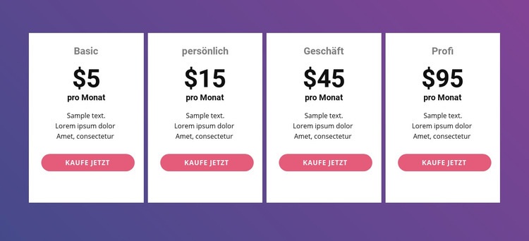 Preistabelle mit leuchtenden Farben Landing Page