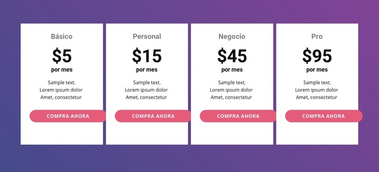 Tabla de precios con colores brillantes. Diseño de páginas web