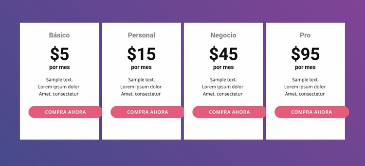 Tabla de precios con colores brillantes. Plantilla HTML5