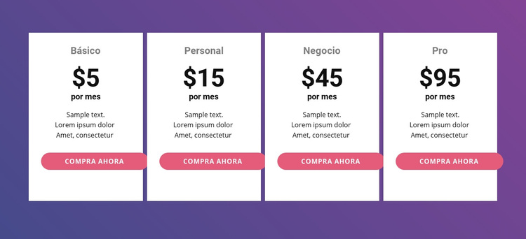 Tabla de precios con colores brillantes. Tema de WordPress