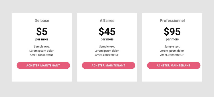 Tableau de tarification simple Thème WordPress