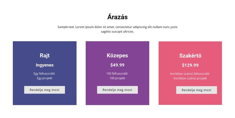  Színes árképzési táblázat Weboldal tervezés