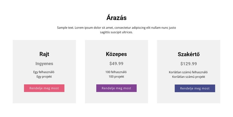 Modern árképzési táblázat WordPress Téma