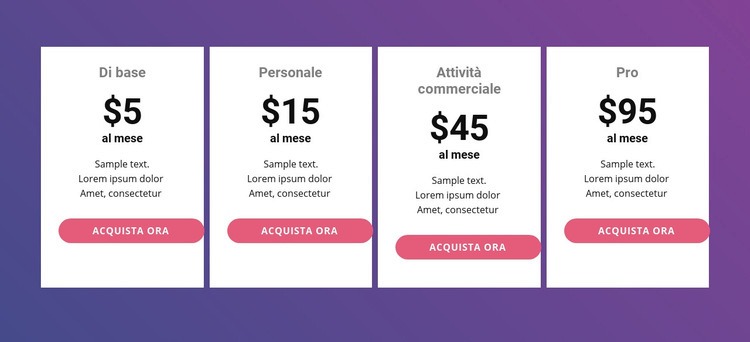 Tabella dei prezzi con colori vivaci Costruttore di siti web HTML