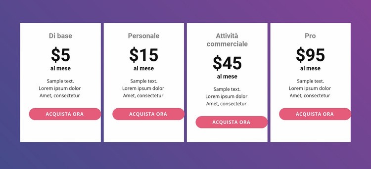 Tabella dei prezzi con colori vivaci Progettazione di siti web