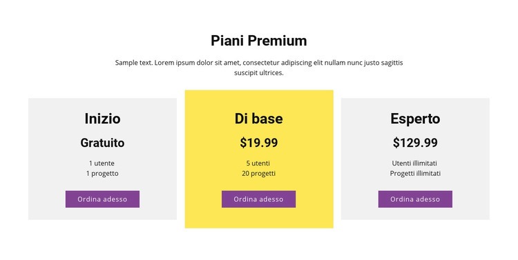 Tre piani tariffari Mockup del sito web