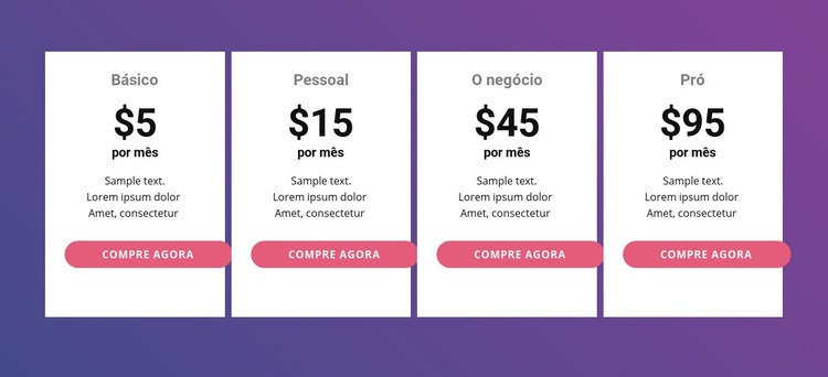 Tabela de preços com cores brilhantes Design do site