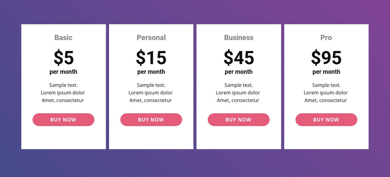 Pricing table with bright colors Squarespace Template Alternative