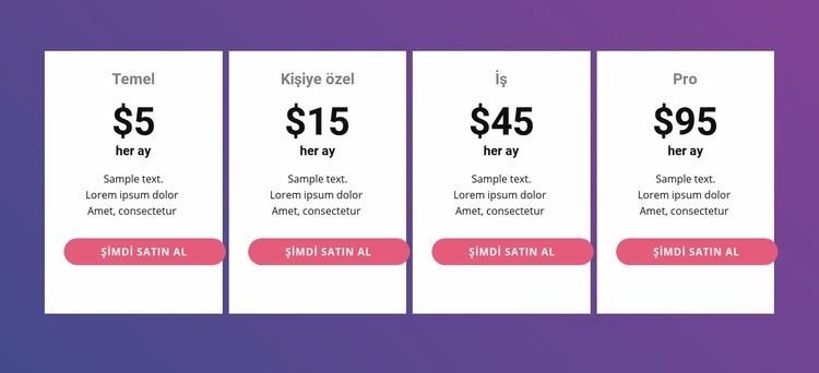 Parlak renklerle fiyatlandırma tablosu HTML5 Şablonu