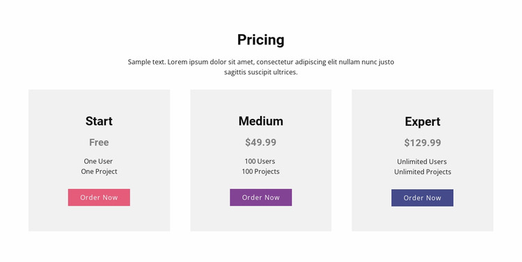 Modern pricing table WordPress Website Builder